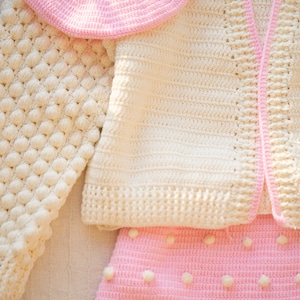 Roze Bubble Gehaakte Vest Trui Set, 3 stuks Lavendel Rok Jurk Handgemaakte Unieke Jumper Hat, Paars Duurzaam Recyclebaar Gebreid Katoen