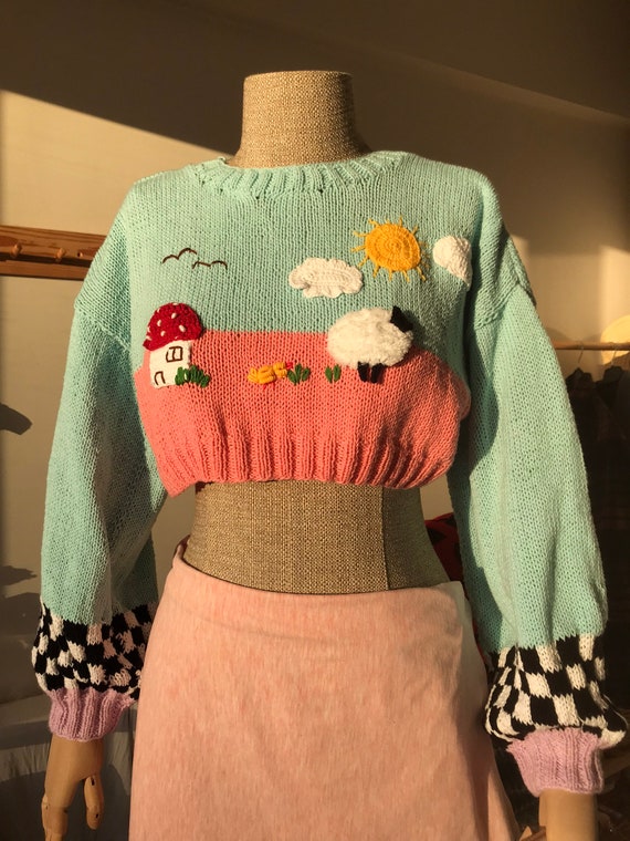 Handmade Knit Cotton Sweater: Sunny Day Appliqué, Chunky Cozy