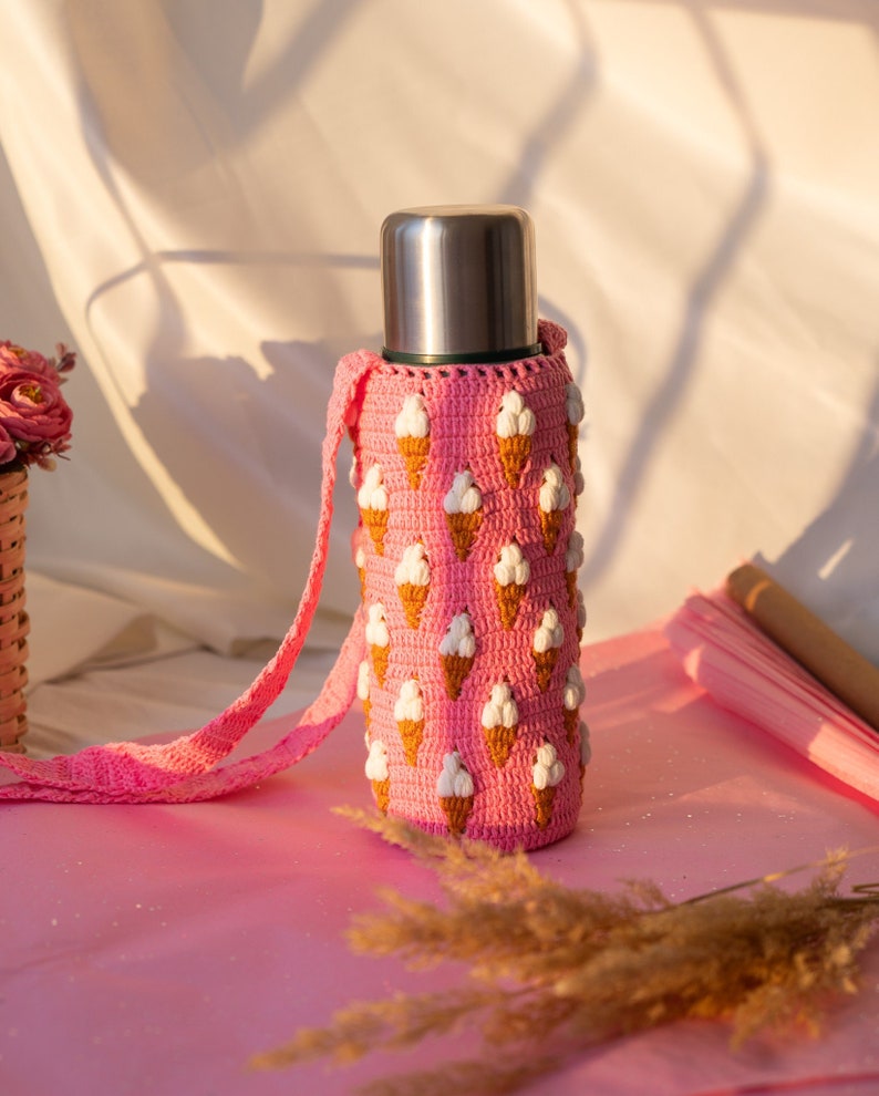 Icecream Crochet Water Bottle Holder Pink Thermos Carrier Etsy