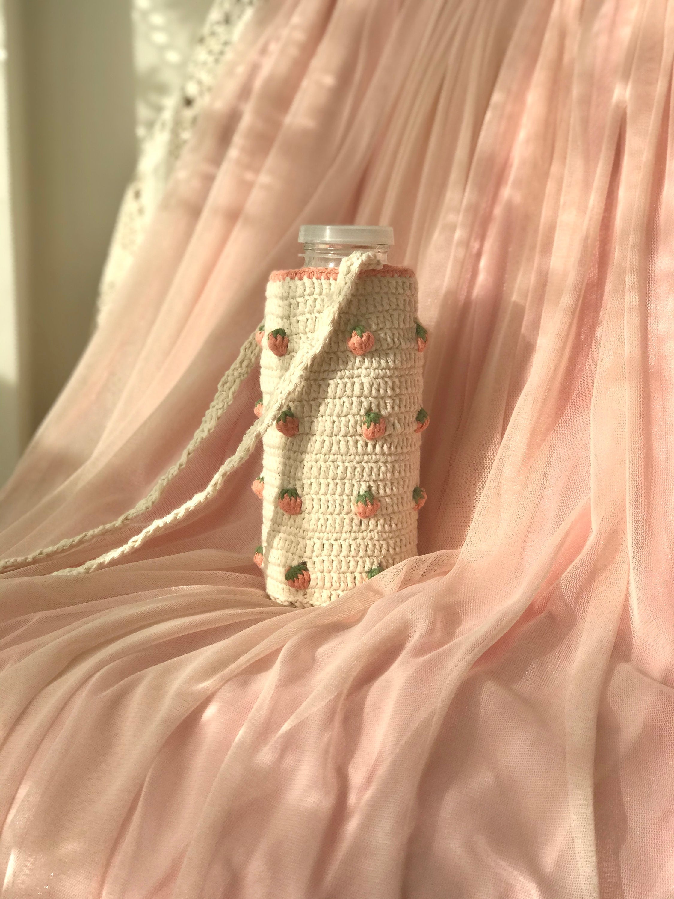 Icecream Crochet Water Bottle Holder Pink Thermos Carrier Shoulder Bag  Unique Personalized Gift for Her Beige Mug Chapstick Cozy Hydro Flask 