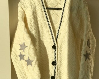 Star Cardigan Sweater | Folklore Handmade knit Jacket | Woman Sweater Oversize Unique White Chunky Cozy Clothing Perfect Gift for Her