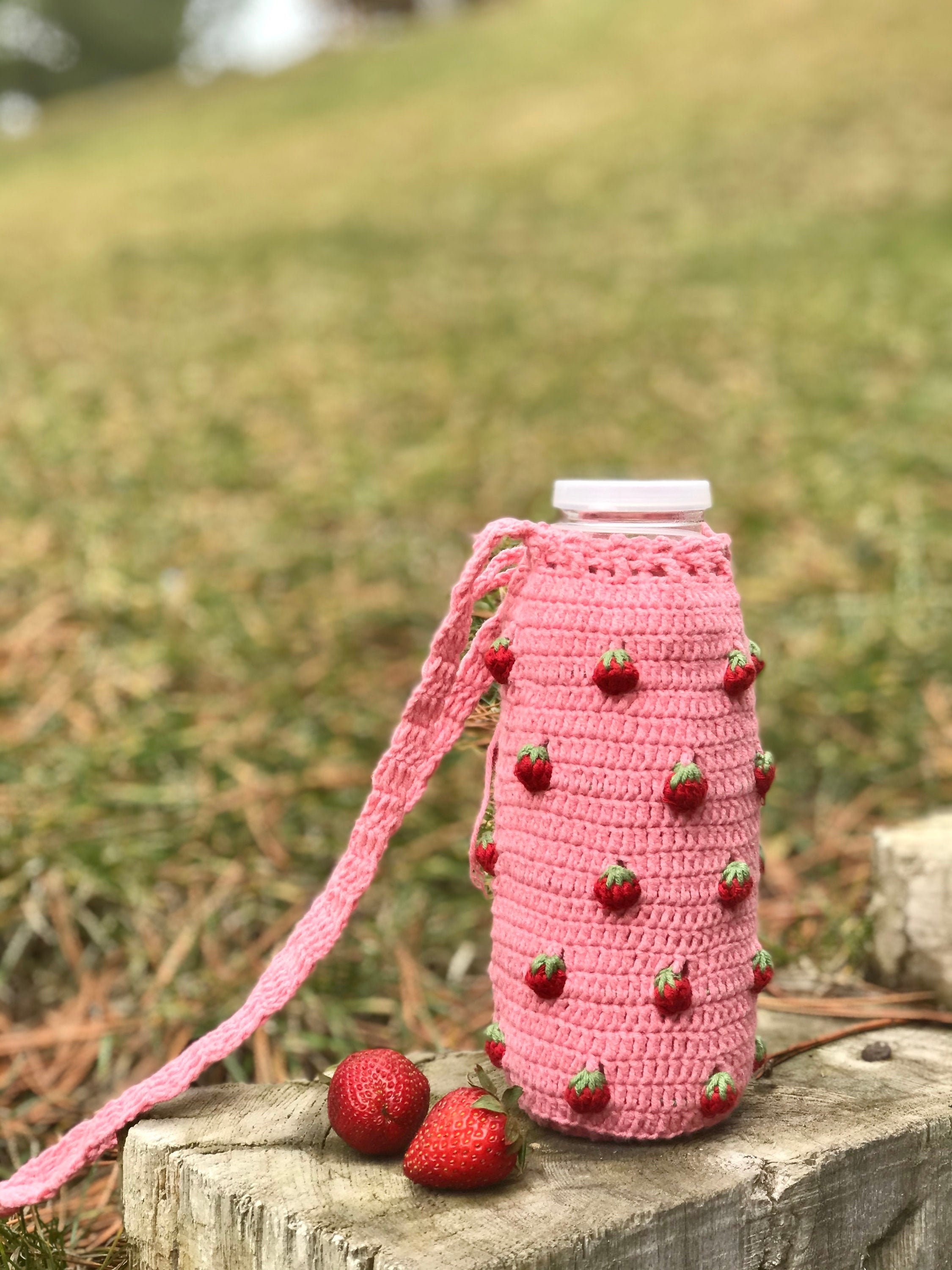 Strawberry Crochet Water Bottle Holder: Cotton Thermos Carrier
