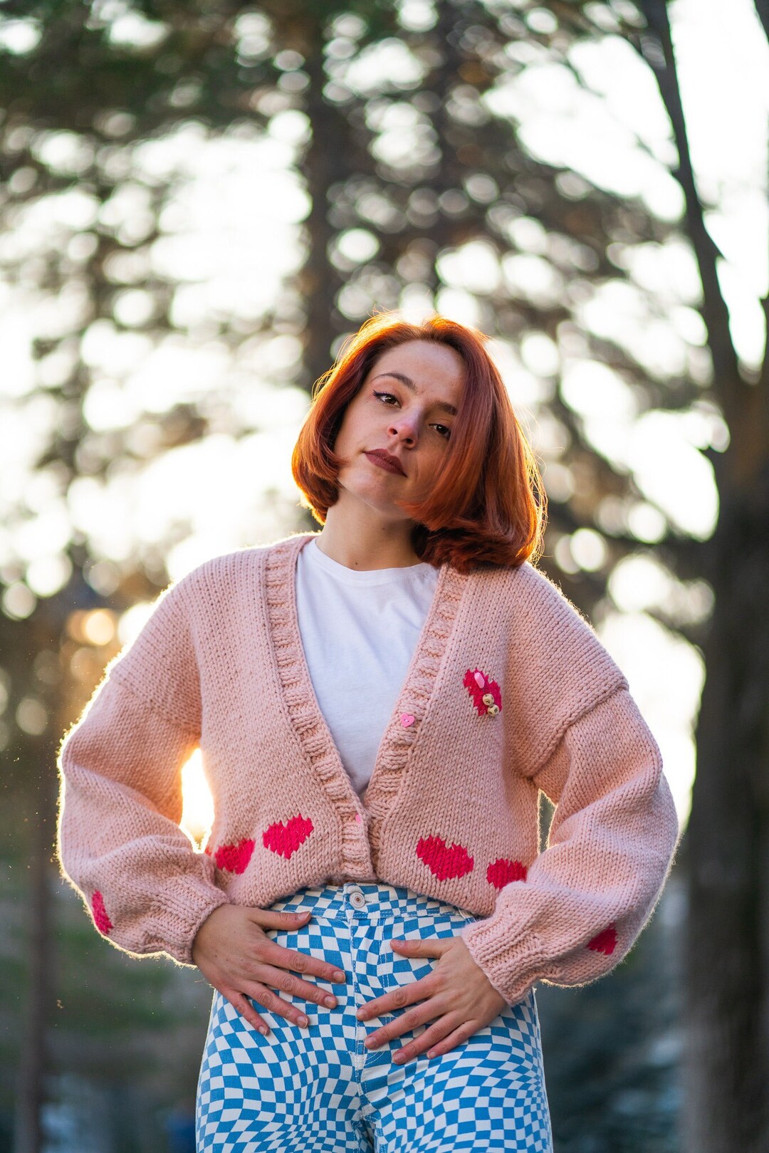 Valentine Cardigan Sweater Pink Heart Handmade Knit Jacket Sustainable