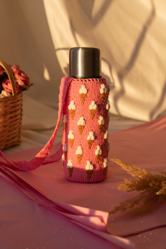 Icecream Crochet Water Bottle Holder Pink Thermos Carrier Shoulder