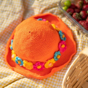 Bloem Emmer Hoed, Gehaakte Zomer Caps, Floral Oranje Roze Strand Handgemaakte Hoeden, Fuschia Gehaakte Top Tas, Vrouw Accessoire Hoeden en Caps