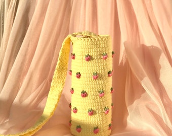 Gelber gehäkelter Wasserflaschenhalter, Hydro Flask Thermoskanne Träger-Schultertasche, einzigartiges personalisiertes Geschenk für sie, Beige Becher Chapstick gemütlich