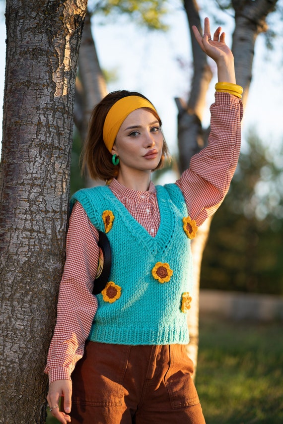 Sunflower Knit Sweater Vest: Blue Crochet Cardigan, Chunky