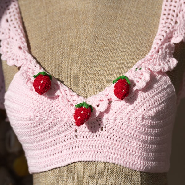 Strawberry Crochet Top Crop, Pink Summer Blouse Handmade Unique Crochet Top, Sustainable Recyclable Organic Vest, Fluffy Colorful Clothing