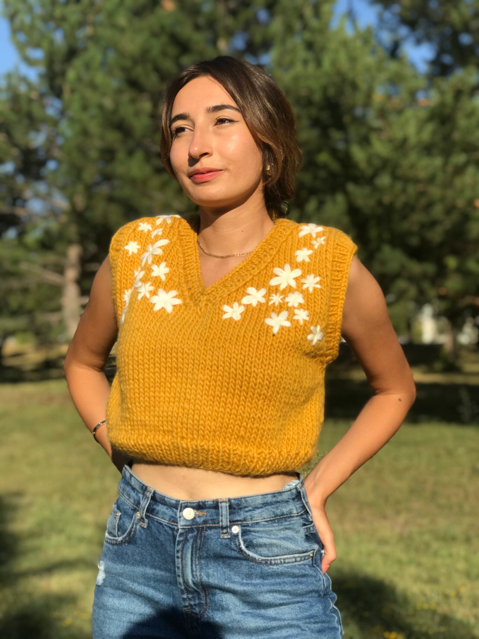 Daisy Knit Wool Yellow Sweater Vest Oversize Handmade and Etsy