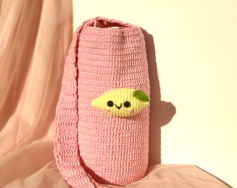 Porte-bouteille d’eau au crochet au citron, sac à bandoulière Hydro Flask Thermos Carrier, cadeau personnalisé unique pour elle, chapstick de tasse beige confortable