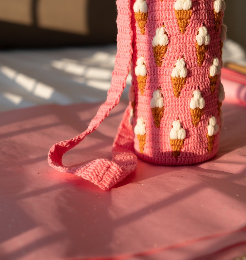 Icecream Crochet Water Bottle Holder Pink Thermos Carrier Etsy