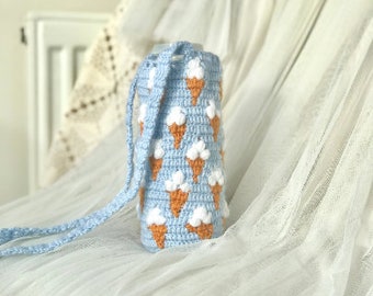 Icecream Crochet Water Bottle Holder Blue Thermos Carrier Shoulder Bag Unique Personalized Gift for Her Beige Mug Chapstick Cozy Hydro Flask