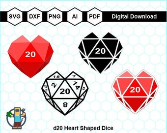 Vector de corazón d20, d20 Svg, dados poliédricos Svg, archivos de corte Cricut, RPG D&D d20, formato vectorial, dados de Dungeons and Dragons, archivos de corte de vinilo