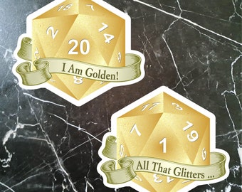 2 funny glittery gold 3D DnD d20 stickers. Great roleplayer or Dungeon Master gift. Affordable game night gift for the gamer in your life.