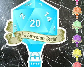 Critical Hit d20 Hot Air Balloon Sticker - "Let the Adventure Begin!" for Tabletop RPG Fans - Available in 7 Colors - Unique Gift Idea