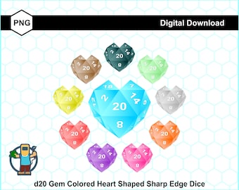 3D Gem Colored Heart Shaped Sharp Edged d20 Dice Digital Clip Art Set of 10 Transparent PNG Files for Crafting, POD & Commercial Use