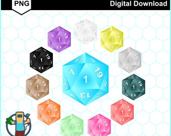 3D Gem Colored Critical Failure Sharp Edged d20 Dice Digital Clip Art Set of 12 Transparent PNG Files for Crafting, POD & Commercial Use