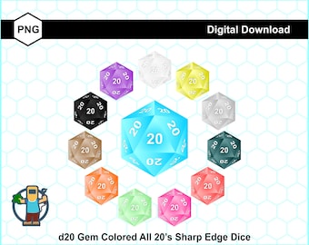 3D Gem Colored All 20's Critical Hit Sharp Edged d20 Dice Clip Art Set of 12 Transparent PNG Files - For Crafting, POD & Commercial Use