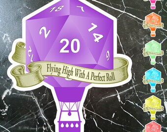 Flying High With A Perfect Roll - Critical Hit d20 Hot Air Balloon Sticker for Tabletop RPG Fans - Available in 7 Colors - Unique Gift Idea