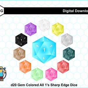 3D Gem Colored All 1&#39;s Critical Failure Sharp Edged d20 Dice Clip Art Set of 12 Transparent PNG Files - For Crafting, POD & Commercial Use