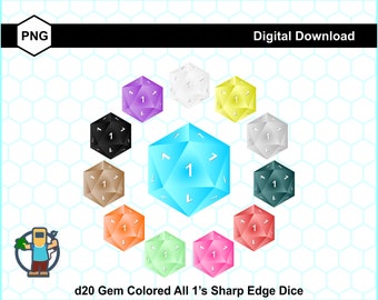 3D Gem Colored All 1's Critical Failure Sharp Edged d20 Dice Clip Art Set of 12 Transparent PNG Files - For Crafting, POD & Commercial Use