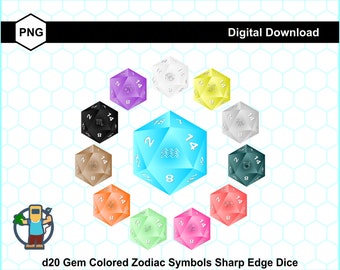 3D Gem Colored Zodiac Symbols Sharp Edged d20 Dice Clip Art Set of 12 Transparent PNG Files - For Crafting, POD & Commercial Use