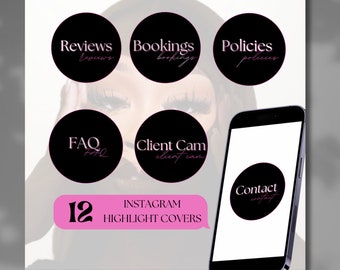 Könnte beinhalten: Digitalgrafik mit 12 Instagram-Highlight-Covern. Schwarze Kreise mit weißem und rosa Text, darunter "Reviews", "Bookings", "Policies", "FAQ", "Client Cam" und "Contact". Der Satz "Edit in Canva" steht unten.