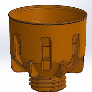 May include: A 3D-rendered, brown, cylindrical object with a wide, open top and a threaded base. The body features rectangular cutouts and angled supports, suggesting a mechanical or industrial design. The object appears to be made of a solid material.