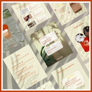 Peut inclure: Un ensemble de modèles pour réseaux sociaux sur fond crème clair avec des ombres de feuilles. Les designs incluent des textes comme Daily, FAQ, Inspiration et What they say about us, ainsi que des avis clients et des étapes de routine.