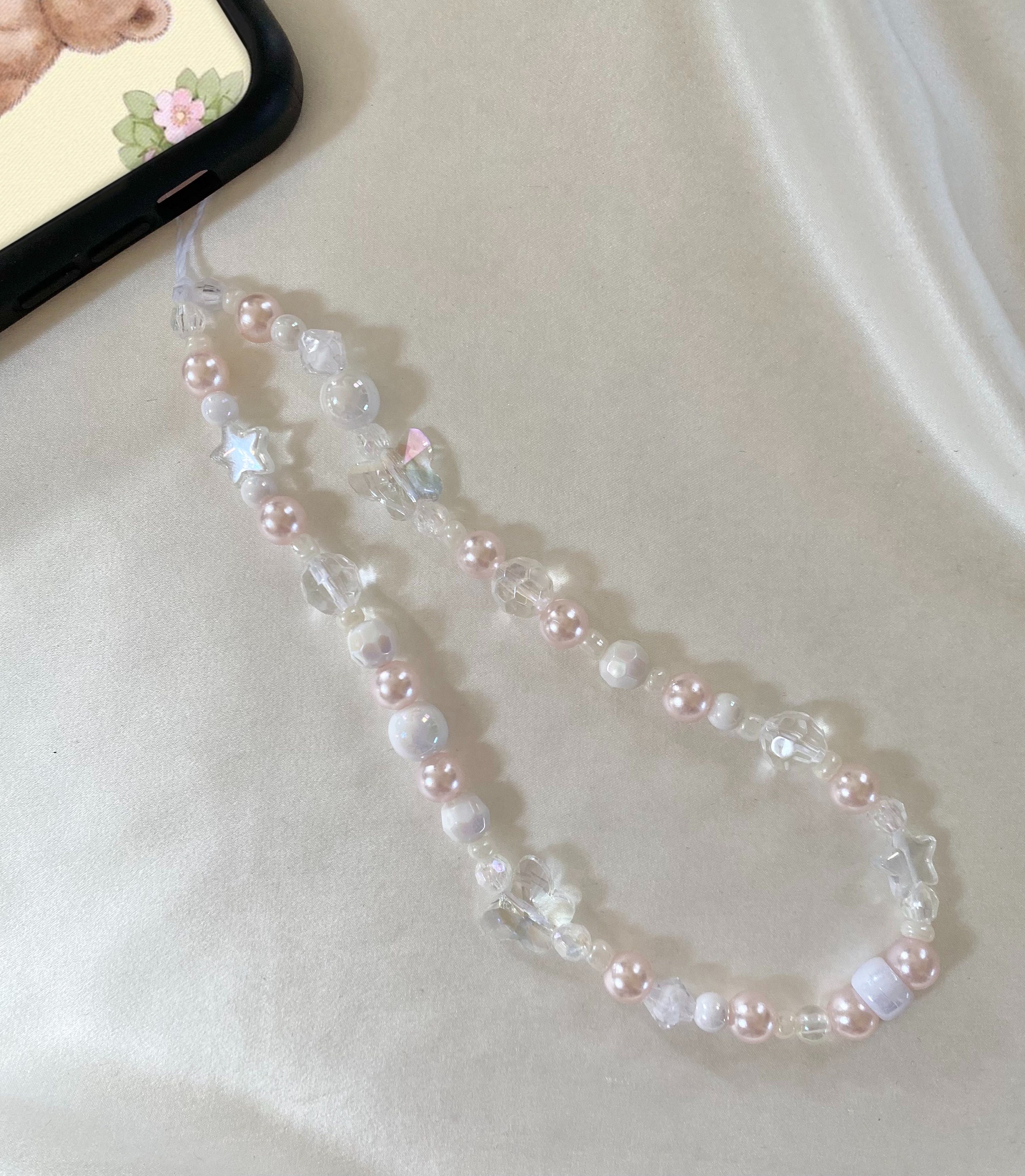 Pink Pearl Phone Charm With Butterfly - Beaded Smartphone Bracelet Wrist Strap