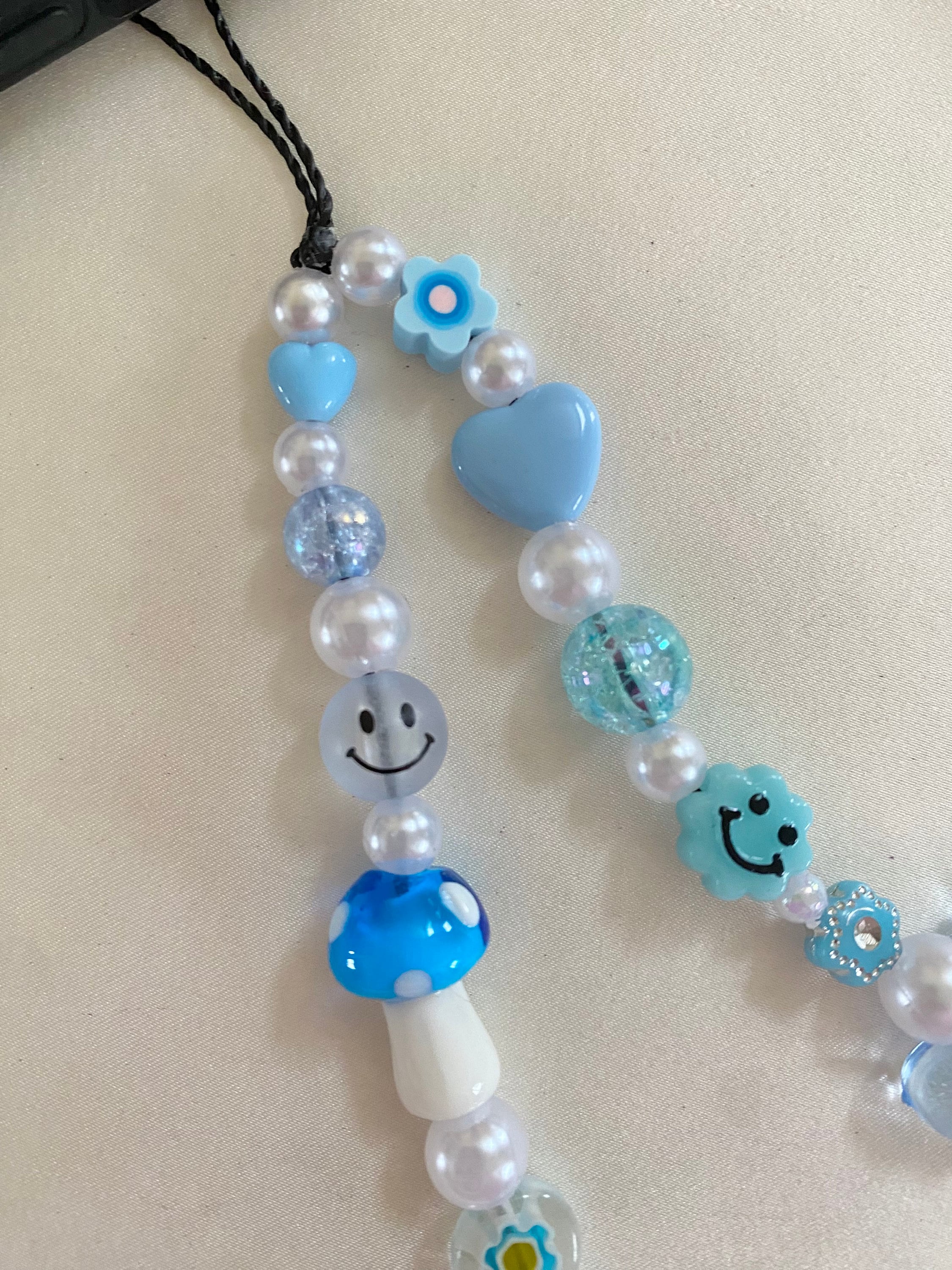 Handmade Sky Blue Beaded Phone Charm Strap Lanyard Key Chain With Clasp