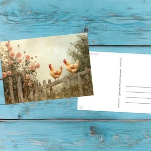 Cartões postais de galinha, galinhas de cartão postal, idade, cartões postais, galinha, papelaria, galinha de cartão postal, rosas, vintage, nostalgia, presente, cottagecore