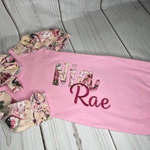 Floral Girls pink baby embroidered applique personalized baby shower unique elegant gown gift