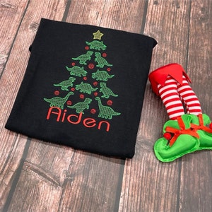 Personalized Christmas Boys Holiday Bulbs Green Fun, unique Embroidered Dino Tree Shirt Gift