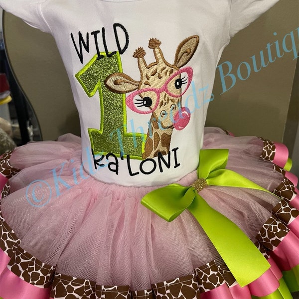 Wild one tutu outfit, Number Birthday outfit, Jungle Birthday Girl, Giraffe Safari bubblegum birthday shirt, Personalized Specialty Gift