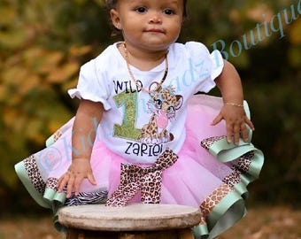 Wild one tutu outfit Cheetah Sage Green, Number Birthday outfit, Jungle Birthday Girl, Giraffe Safari bubblegum birthday shirt, Personalized