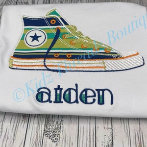 Personalized Boys Chuck shoe shirt, All Star Boys shirt Embroidered Birthday Shirt. Striped Shirt