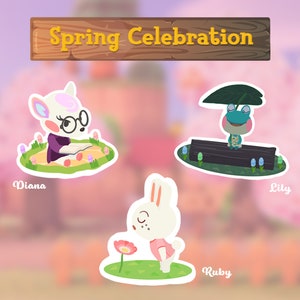 May include: Three animal character stickers with a spring theme. A white dog with glasses reading a book, a frog sitting on a log under a leaf umbrella, and a white rabbit smelling a flower.