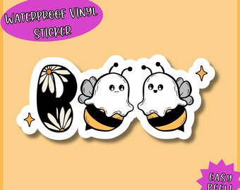 Floral Boo Waterproof Vinyl Sticker, Bee Ghost, Cute Ghost Sticker, Halloween Sticker, Fall Sticker, Cute Halloween Sticker, Kindle Stickers