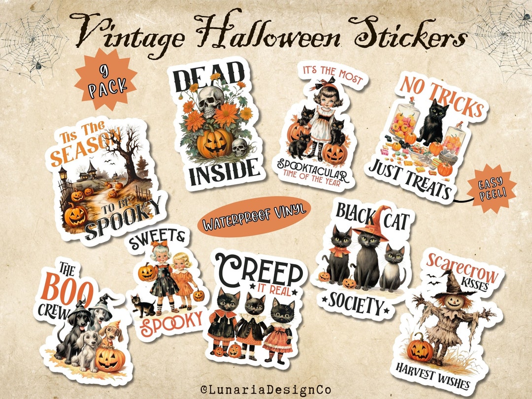 Vintage Halloween Sticker Pack, Vintage Halloween Stickers, Black Cat