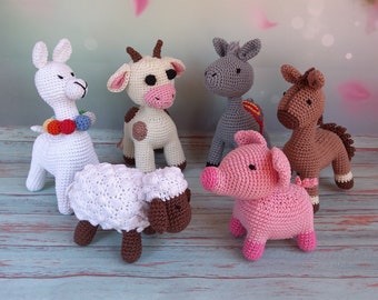 Farm animals, Amigurumi horse, cow, sheep, lama, donkey, pig, Farm nursery toys for mobile, Baby gim, gender neutral gift, Baby rattle