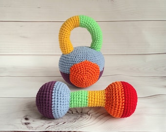 Baby Dumbells & Kettlebell, Baby activity toy, Montessori set for toddlers, Crochet kettlebellls, Crochet dumbbell