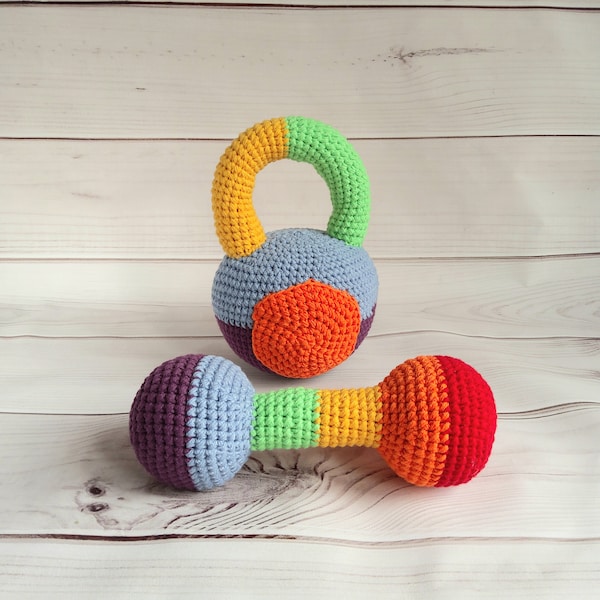 Baby Dumbells & Kettlebell, Baby activity toy, Montessori set for toddlers, Crochet kettlebellls, Crochet dumbbell