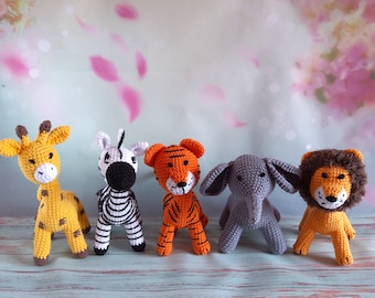 Crochet safari animals, Small african animals, Giraffe, Lion, Tiger, Zebra, Elephant