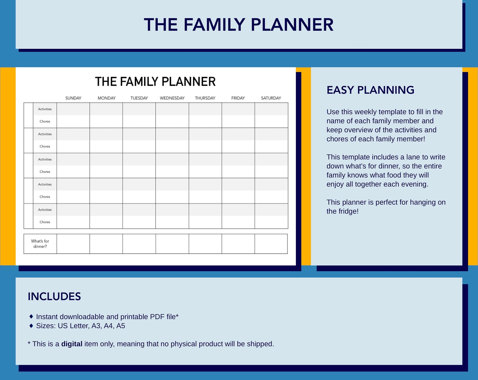 Printable Family Planner Instant PDF Download Digital Etsy