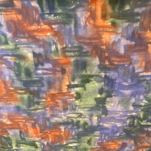 May include: Abstract watercolor fabric with a textured appearance. The design features overlapping brushstrokes in shades of orange, blue, green, and purple. The fabric has a slightly translucent quality, suggesting it may be a lightweight material.