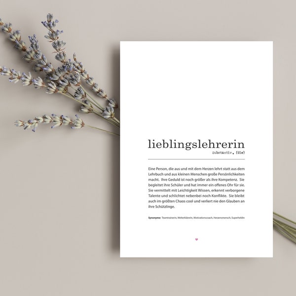 Poster, Postkarte, Bild "Lieblingslehrerin" Definition | Abschiedsgeschenk Lehrerin | Danke | Geschenk Ostern, Geburtstag, Weihnachten