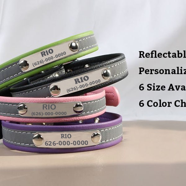 Dog leather collar with night reflection for safety, personalized with name, leather dog collar for dog safety, different size and colors