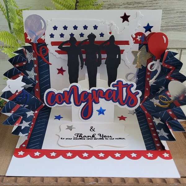 Congratulations on Retirement / Military Congrats - Patriotic Handmade Card - Custom Handmade 3-D Card for Air Force, Army, Marines, USMC