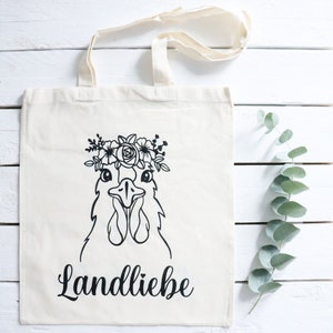 Jutebeutel Huhn in Weiß | Blumenkranz, Stoffbeutel, Einkaufsbeutel, Tragetasche, Landliebe, glückliche Hühner, Stofftasche, Eierkarton